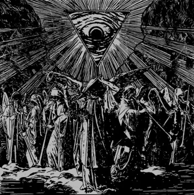 The album cover for "Casus Luciferi" by Watain features a black-and-white illustration of a group of hooded figures gathered beneath a glowing upside-down triangle with an eye at its center. Rays of light emanate from the triangle, creating a dramatic and occult atmosphere.