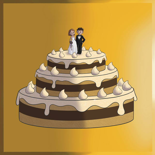 A three-tiered wedding cake topped with a bride and groom figurine, decorated with frosting dollops around each layer.