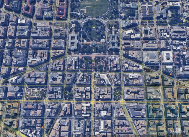 An aerial view of the White House in Washington, D.C., USA, showing its surrounding streets and nearby landmarks such as Lafayette Square, Farragut Square, and McPherson Square.