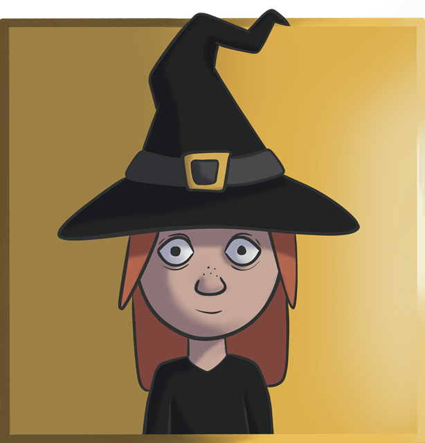 A person wearing a black witch hat with a buckle and a black outfit. The person has long red hair, freckles, and wide eyes.