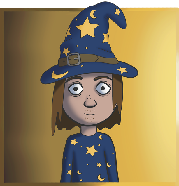 A person wearing a blue wizard hat and matching robe, both adorned with yellow stars and crescent moons. The person has long brown hair, a slight stubble, and wide eyes.