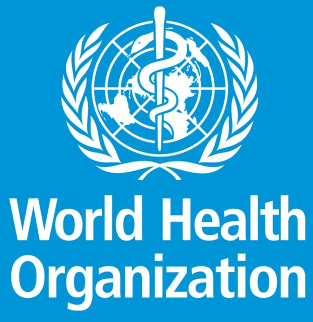 The logo of the World Health Organization (WHO) features a white staff with a snake coiled around it, known as the Staff of Asclepius, overlaid on a world map displayed flat in i circle, with a grid representing time zones, surrounded by olive branches on a blue background.