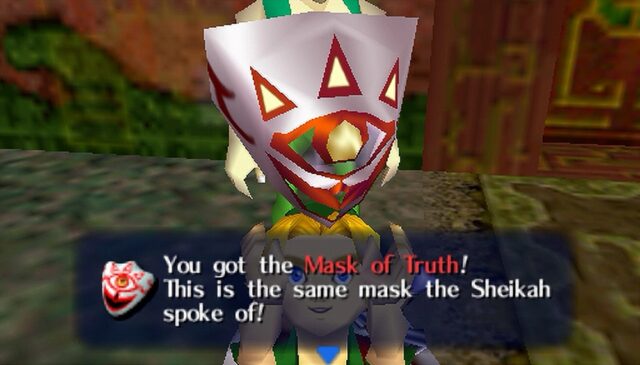 The player acquiring the "Mask of Truth" in The Legend of Zelda: Majora's Mask. The Mask of Truth is a white mask. The top of the mask features three red triangles with yellow fill, and the center of the mask has a yellow, beak-like shape resembling an abstract eye. The mask has a big open smiling mouth which together with the eye forms the symbol of Islam. The overall design is angular and resembles the style of the Sheikah tribe from the game.