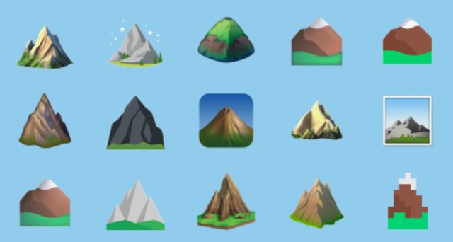 The image displays a grid of various mountain emojis, all of which depict different styles of mountains, though they are all triangular-shaped, including snow-capped peaks, rocky summits, and green hills. Each emoji has a unique design, ranging from realistic to stylized and pixelated representations.