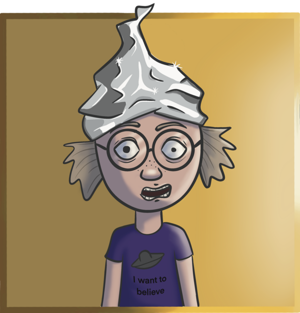 A cartoon character wearing a tinfoil hat, glasses, and a purple shirt with a UFO and the text "I want to believe," looking alarmed.